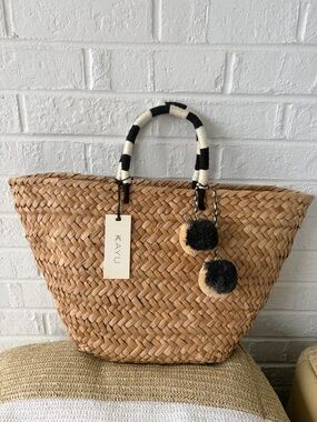 NWT Kayu Woven Straw Tote with Black & Cream Handle & Pom Poms